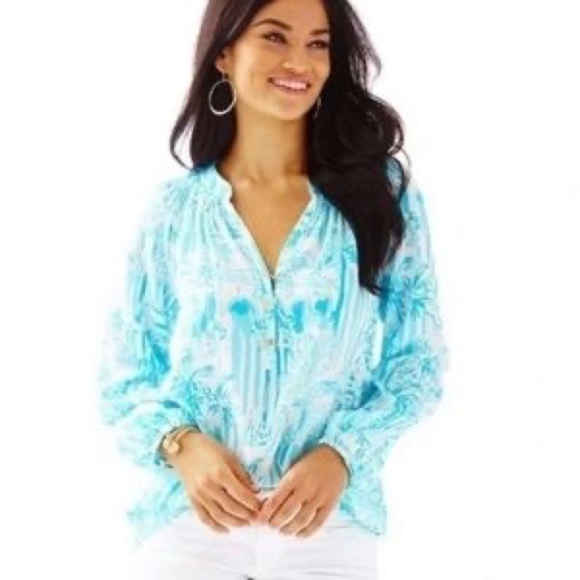 Lilly Pulitzer Tops - Lilly Pulitzer Women’s Blue White Silk La Via es Loca Elsa Blouse Size Small